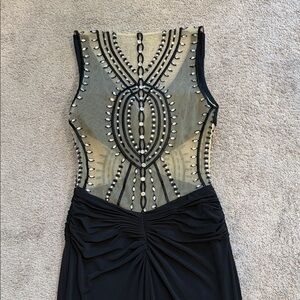 Cache Black Evening Dress with Sheer Ivory Mesh Overlay